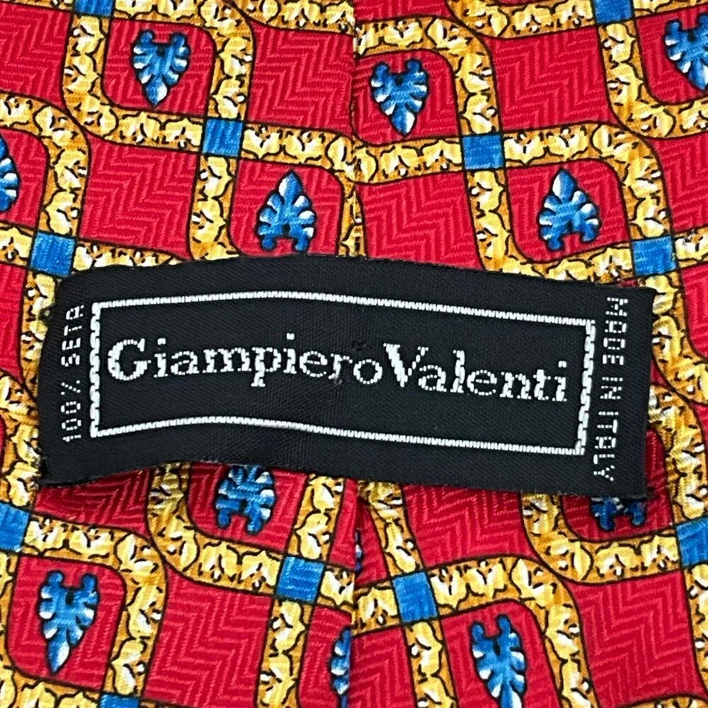 Giampiero Valenti Mens 100% Silk Red & Gold Geometric Pattern Tie Made‎ In Italy